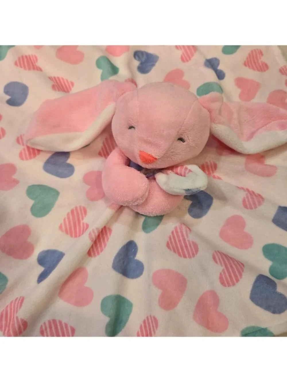 Carter's Pink Bunny Hearts Security Blanket Lovey Plush Pink Purple Soother